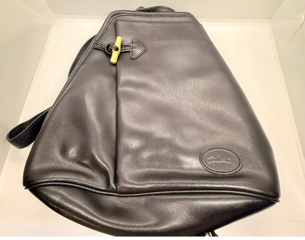 Vintage Longchamp Roseau Black Leather Sling Bag Backpack